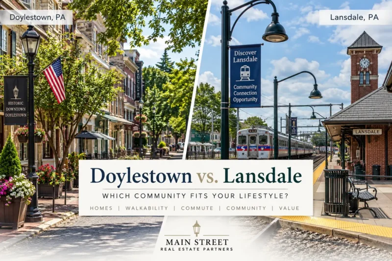 Background image of Downtown Doylestown and Lansdale, Pennsylvania, comparing two communities for homebuyers